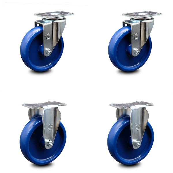 5 Inch Solid Polyurethane Wheel Swivel Top Plate Caster Set with 2 Rigid SCC